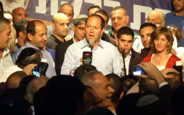 Nir Barkat delivers a victory speech after winning the Jerusalem mayoral race, early on October 23, 2013 (photo credit: Walla screenshot)