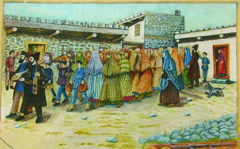A photo of a painting by Shalom Koboshvili, 'Taking the bride to the bath house (mikveh),' watercolor on paper (photo credit: Wikimedia Commons)
