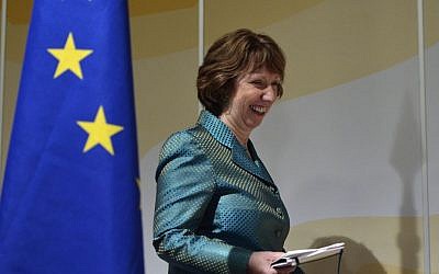 EU High Representative for Foreign Affairs and Security Policy Catherine Ashton smiles during a press conference after two days of closed-door nuclear talks on Iran in Geneva, Switzerland, Wednesday, October 16, 2013. (photo credit: AP/Keystone, Martial Trezzini)