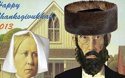 This image released by ModernTribe.com shows a Thanksgivukkah card celebrating Thanksgiving and Hanukkah. Pictured here is 'American Gothikkah.' (photo credit: AP Photo/ModernTribe.com)