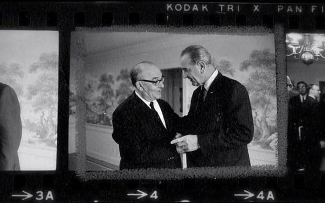 Photo proofs from a critical meeting between president Lyndon Johnson and prime minster Levi Eshkol at LBJ’s Texas ranch in January 1968, as seen in 'The Prime Ministers.' (photo credit: courtesy)
