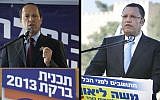 Left, Mayor of Jerusalem Nir Barkat, seen at a press conference in Jerusalem on August 20, 2013, as he opens his campaign for the mayoral elections. (photo credit: Yonatan Sindel/Flash90). Right, Jerusalem mayoral candidate Moshe Lion, at a press conference, July 22, 2013 (photo credit: Miriam Alster/Flash90)