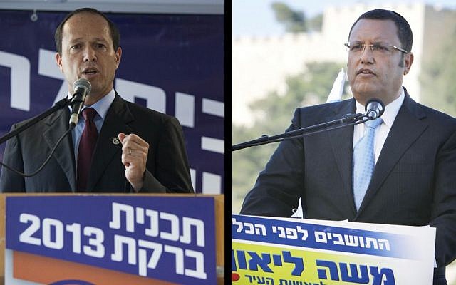 Left, Mayor of Jerusalem Nir Barkat, seen at a press conference in Jerusalem on August 20, 2013, as he opens his campaign for the mayoral elections. (photo credit: Yonatan Sindel/Flash90). Right, Jerusalem mayoral candidate Moshe Lion, at a press conference, July 22, 2013 (photo credit: Miriam Alster/Flash90) Left, Mayor of Jerusalem Nir Barkat, seen at a press conference in Jerusalem on August 20, 2013, as he opens his campaign for the mayoral elections. (photo credit: Yonatan Sindel/Flash90). Right, Jerusalem mayoral candidate Moshe Lion, at a press conference, July 22, 2013 (photo credit: Miriam Alster/Flash90)