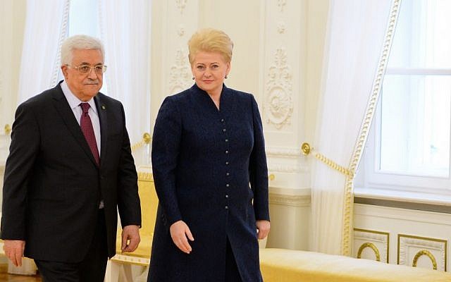 Palestinian Authority President Mahmoud Abbas, left, and Lithuanian President Dalia Grybauskaitė, in Vilnius, Lithuania, on October 21, 2013 (photo credit: courtesy office of the Lithuanian President) Palestinian Authority President Mahmoud Abbas, left, and Lithuanian President Dalia Grybauskaitė, in Vilnius, Lithuania, on October 21, 2013 (photo credit: courtesy office of the Lithuanian President)