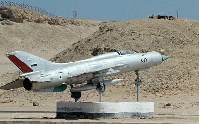 An Egyptian MiG-21 jet fighter on display outside Hurghada, on the Red Sea coast (photo credit: CC BY RHL Images/Flickr)