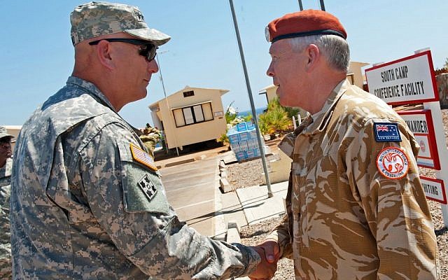 US Army Chief of Staff Gen. Ray Odierno shakes hands with New Zealand army Maj. Gen. Warren J. Whiting at an MFO camp in the Sinai on September 21, 2012. (Photo credit: Staff Sgt. Teddy Wade/US Army) US Army Chief of Staff Gen. Ray Odierno shakes hands with New Zealand army Maj. Gen. Warren J. Whiting at an MFO camp in the Sinai on September 21, 2012. (Photo credit: Staff Sgt. Teddy Wade/US Army)
