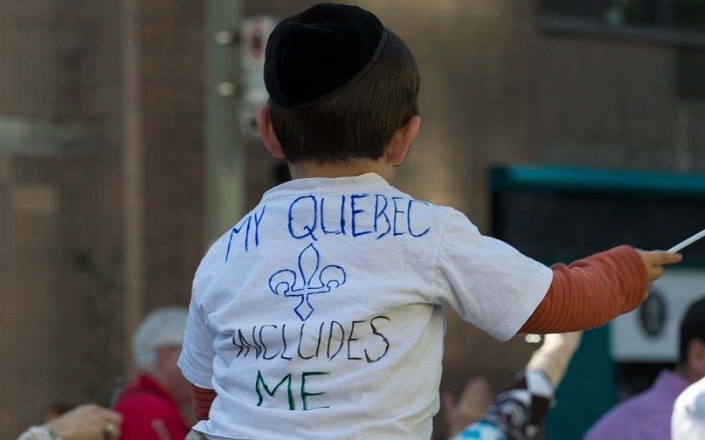 Montreal Jews protesting the proposed Charter of Quebec Values, which aims to restrict public displays of religious faith. (photo credit: David Ouellette/JTA) Montreal Jews protesting the proposed Charter of Quebec Values, which aims to restrict public displays of religious faith. (photo credit: David Ouellette/JTA)