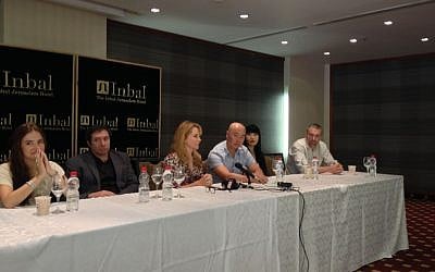 C.S. Lee, third from right, talking about being recognized by Israeli fans (photo credit: Jessica Steinberg/Times of Israel)