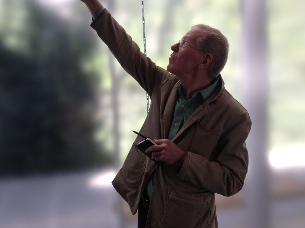 Architect Davidson Norris explaining the dimensions, concepts and purpose of the Route of Passage (photo credit: Jessica Steinberg/Times of Israel)