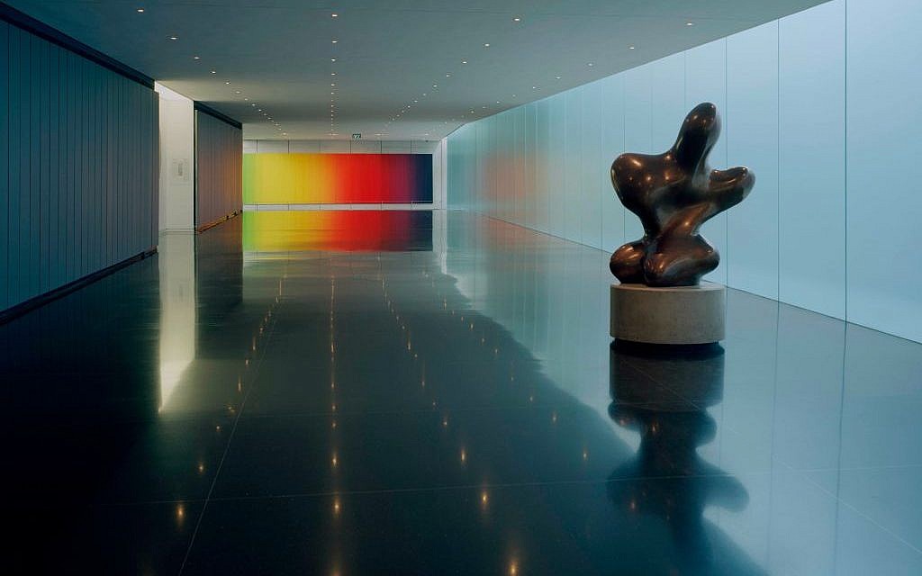 View of the Route of Passage looking north, with Auguste Rodin’s Pierre de Wiessant, Large Model on the right (photo credit: Tim Hursley/Israel Museum)