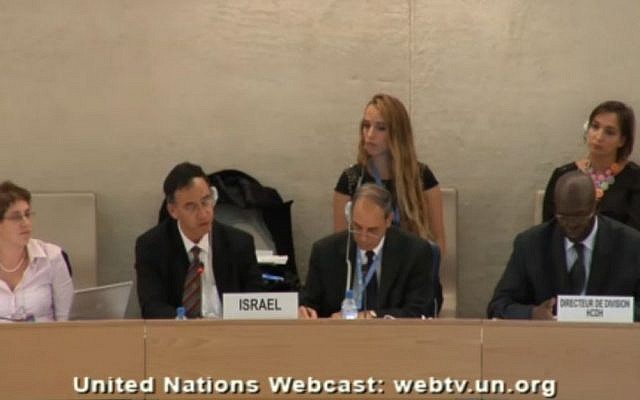 Shai Nitzan, second from left, speaking to the UN Human Rights Council Tuesday, while seated next to Eviatar Manor. (Screenshot: UN Web TV) Shai Nitzan, second from left, speaking to the UN Human Rights Council Tuesday, while seated next to Eviatar Manor. (Screenshot: UN Web TV)