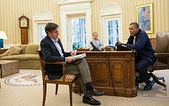 Barack Obama (right) speaking to advisers Tony Blinken (foreground), and Ben Rhodes (background), regarding the Iran nuclear deal, on Sunday, November 24, 2013. (Pete Souza/White House)
