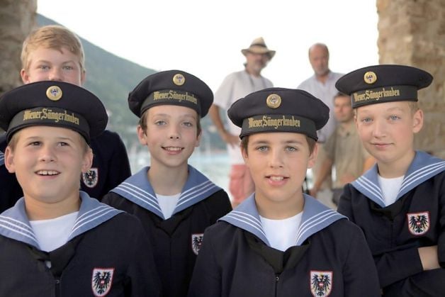 Elijah Priwer (second from right) with some of his choir mates as they filmed the upcoming "Songs of Mary" film by Curt Faudon. (photo credit: Courtesy of the Vienna Boys Choir)