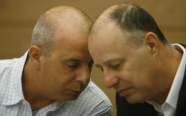Yuval Diskin, then Shin Bet chief, speaks with Tzachi Hanegbi, then-chairman of the Foreign Affairs and Defense Committee, May 19, 2009. (Photo credit: Miriam Alster/Flash90)
