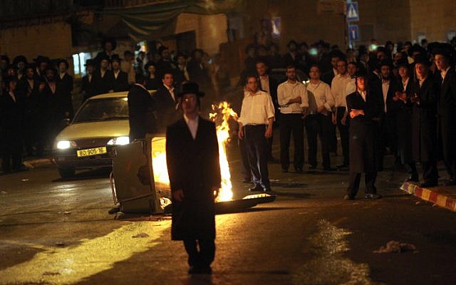 Ultra Orthodox Jewish men protest at Bar Ilan street in Jerusalem on May 16, 2010. (photo credit: Yossi Zamir/Flash90) Ultra Orthodox Jewish men protest at Bar Ilan street in Jerusalem on May 16, 2010. (photo credit: Yossi Zamir/Flash90)