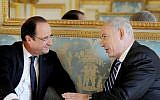 New best friends? French President Francois Hollande arrives in Israel on Sunday for a two day visit. Here Hollande and Netanyahu speak at Elysee Palace in Paris in October 2012 (photo credit: Avi Ohayon/GPO/FLASH90)
