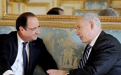 New best friends? French President Francois Hollande arrives in Israel on Sunday for a two day visit. Here Hollande and Netanyahu speak at Elysee Palace in Paris in October 2012 (photo credit: Avi Ohayon/GPO/FLASH90)