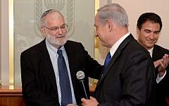 Outgoing national security adviser Yaakov Amidror with Prime Minister Benjamin Netanyahu at a farewell ceremony in Amidror's honor, on November 3, 2013. (Kobi Gideon/GPO/Flash90)