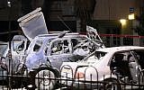 The remains of a prosecutor's car after it was blown up. (photo credit: Roni Schutzer/Flash90)
