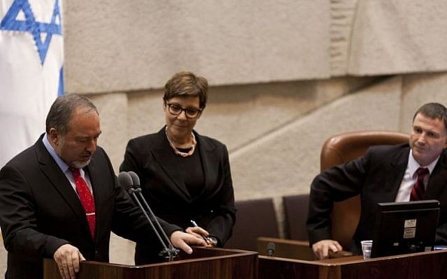 Avigdor Liberman takes his oath of office in front at the Knesset on November 11, 2013. The 120-member House confirmed by a vote of 62 to 17 his reappointment as foreign minister (Photo credit: Flash90) Avigdor Liberman takes his oath of office in front at the Knesset on November 11, 2013. The 120-member House confirmed by a vote of 62 to 17 his reappointment as foreign minister (Photo credit: Flash90)