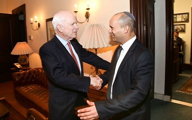Naftali Bennett, right, meeting with Senator John McCain in Washington, Thursday. (photo credit: Shmulik Almany/Flash90) Naftali Bennett, right, meeting with Senator John McCain in Washington, Thursday. (photo credit: Shmulik Almany/Flash90)