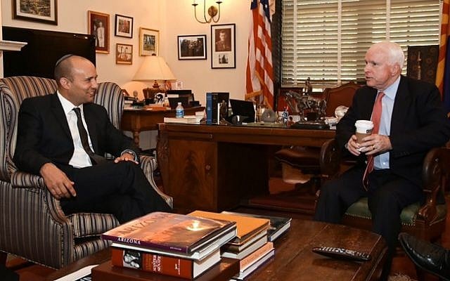 Economics and Trade Minister Naftali Bennett meets with Republican US Senator John McCain in Washington on November 14, 2013. (photo credit: Shmulik Almany/Flash90) Economics and Trade Minister Naftali Bennett meets with Republican US Senator John McCain in Washington on November 14, 2013. (photo credit: Shmulik Almany/Flash90)