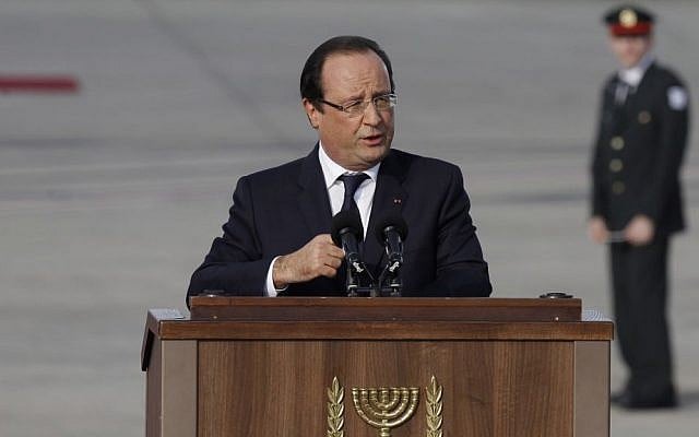 French President Francois Hollande speaks a a welcoming ceremony at Ben Gurion International Airport, Sunday, November 17, 2013 photo credit: Miriam Alster/Flash90) French President Francois Hollande speaks a a welcoming ceremony at Ben Gurion International Airport, Sunday, November 17, 2013 photo credit: Miriam Alster/Flash90)