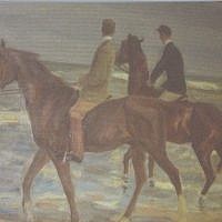 A painting by Max Liebermann, 'Zwei Reiter am Strande' ('Two Riders on the Beach') is projected onto a screen during a news conference in Augsburg, southern Germany, November 5, 2013, on the art found in Munich. (photo credit: AP/Kerstin Joensson)