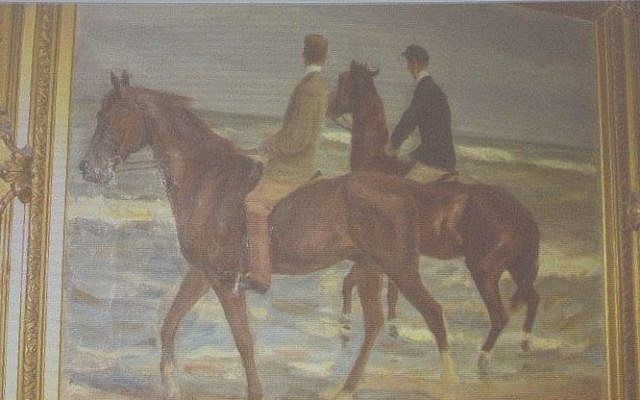 A painting by Max Liebermann, 'Zwei Reiter am Strande' ('Two Riders on the Beach') is projected onto a screen during a news conference in Augsburg, southern Germany, November 5, 2013, on the art found in Munich. (photo credit: AP/Kerstin Joensson) A painting by Max Liebermann, 'Zwei Reiter am Strande' ('Two Riders on the Beach') is projected onto a screen during a news conference in Augsburg, southern Germany, November 5, 2013, on the art found in Munich. (photo credit: AP/Kerstin Joensson)