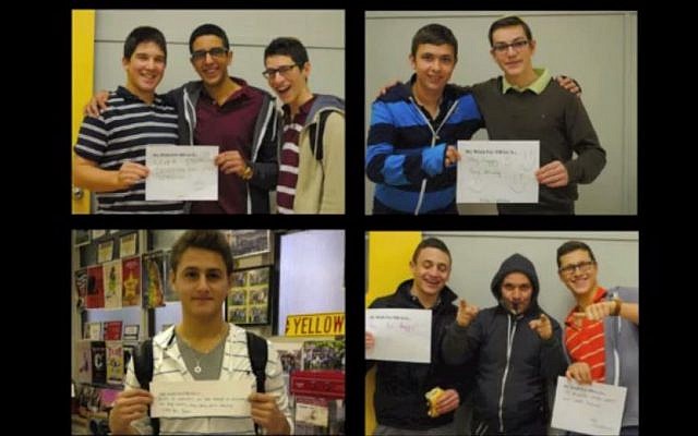 Some 1,500 students from five Ontario Hillels and eight local Toronto high schools expressed their well wishes for Wise on small posters and were photographed for a 'Roar for Olivia Wise' video. (photo credit: YouTube screenshot)