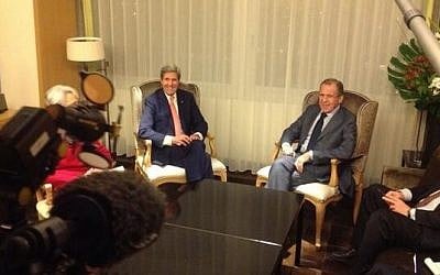 US Secretary of State John Kerry and Russian Foreign Minister Sergey Lavrov held a bilateral meeting on the sidelines of the P5+1 talks with Iran in Geneva Saturday, November 9, 2013. (Photo credit: Russian Ministry of Foreign Affairs/Twitter)