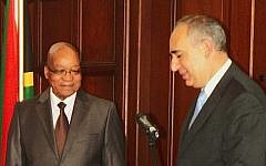 Israeli Ambassador to South Africa Arthur Lenk, right, hands his letter of credence to South African President Jacob Zuma, October 16, 2013  (photo credit: Ilana Lenk)