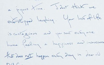 This undated photo provided by Doyle New York shows a 1991 thank you note from Jacqueline Kennedy Onassis to former New York City Mayor Ed Koch. (photo credit: AP Photo/Doyle New York)