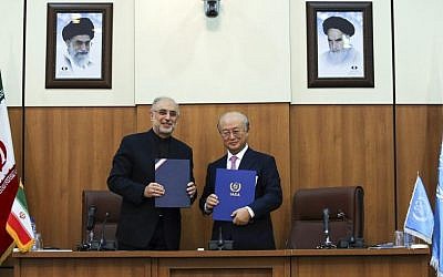 Head of Iran's Atomic Energy Organization Ali Akbar Salehi, left, and International Atomic Energy Agency (IAEA) Director General Yukiya Amano, in Tehran, Iran, Nov. 11, 2013 (photo credit: AP/ ISNA/Mehdi Ghasemi)