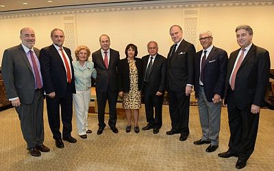Participants of the special UN session. From left to right: Ambassador Ron Prosor, World Jewish Congress’ Robert Singer, witness Levana Zamir, Minister Silvan Shalom, witness Linda Menuchin, former president of the Aleppo Jewish Communty Tofic Kassap, former ambassador Ron Lauder, Sylvain Abitbol of the Justice for Jews from Arab Countries, Rabbi Elie Abadie of NYC’s the Edmund J Safra Synagogue (photo credit: courtesy of the Israeli Mission to the UN)