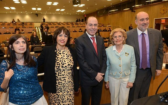 Witnesses Lucette Lagnado, Linda Menuchin, and Levana Zamir with Minister Silvan Shalom and ambassador Ron Prosor (photo credit: courtesy of the Israeli Mission to the UN)