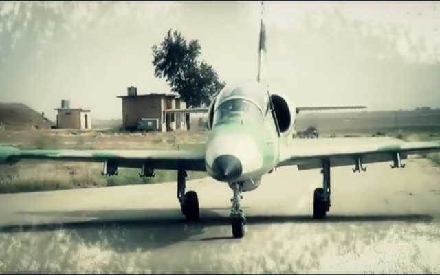 A Syrian rebel L-39 Albatros jet as seen in a video uploaded by Jaish al-Islam. (screen capture: YouTube) A Syrian rebel L-39 Albatros jet as seen in a video uploaded by Jaish al-Islam. (screen capture: YouTube)