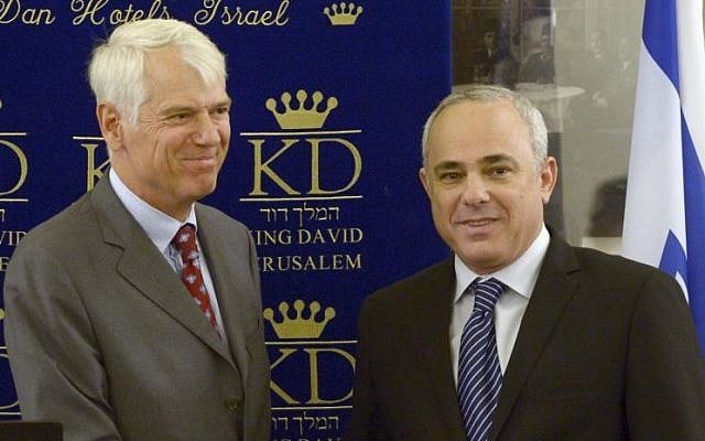 EU Ambassador to Israel Lars Faaborg-Andersen, left, with Israeli Minister Yuval Steinitz (photo credit: Yossi Zwecker)