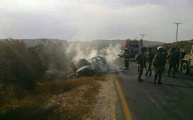 The aftermath of a firebomb attack near Tekoa in the West Bank, on November 8, 2013 (photo credit: Peter Lerner/Twitter) The aftermath of a firebomb attack near Tekoa in the West Bank, on November 8, 2013 (photo credit: Peter Lerner/Twitter)