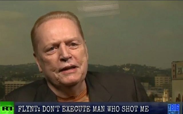 Hustler magazine publisher Larry Flynt, who was shot by neo-Nazi serial killer Joseph Paul Franklin, appears on RT calling on the state of Missouri not to put the white supremacist sniper to death. (photo credit: screen capture, YouTube) Hustler magazine publisher Larry Flynt, who was shot by neo-Nazi serial killer Joseph Paul Franklin, appears on RT calling on the state of Missouri not to put the white supremacist sniper to death. (photo credit: screen capture, YouTube)
