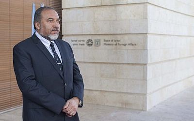 Avigdor Liberman waiting for a guest outside the Foreign Ministry in Jerusalem, November 20, 2012. (photo credit: Yonatan Sindel/Flash90)