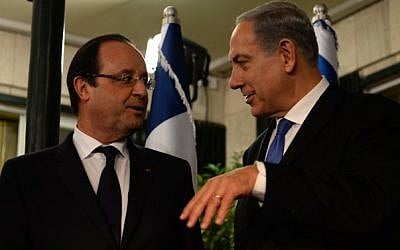Prime Minister Benjamin Netanyahu holds a joint press conference with French President Francois Hollande at the PM's residence in Jerusalem on November 17, 2013. (photo credit: Kobi Gideon/GP/Flash90) Prime Minister Benjamin Netanyahu holds a joint press conference with French President Francois Hollande at the PM's residence in Jerusalem on November 17, 2013. (photo credit: Kobi Gideon/GP/Flash90)
