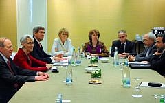 US Secretary of State John Kerry, Undersecretary of State Wendy Sherman, left, the EU's Catherine Ashton, center, Iranian Foreign Minister Mohammad Javad Zarif and Deputy Foreign Minister Abbas Araqchi, right, hold talks over Iran's nuclear program in Geneva, November 9, 2013. (Photo credit: State Department/Twitter)