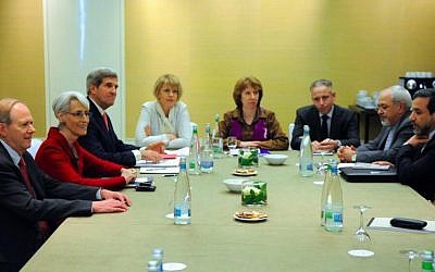 US Secretary of State John Kerry, Undersecretary of State Wendy Sherman, left, the EU's Catherine Ashton, center, Iranian Foreign Minister Mohammad Javad Zarif and Deputy Foreign Minister Abbas Araqchi, right, hold talks over Iran's nuclear program in Geneva, November 9, 2013. (Photo credit: State Department/Twitter)