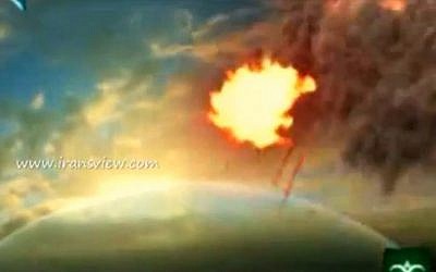 Screenshot from a video aired on Iranian TV showing an animated attack on Israel.