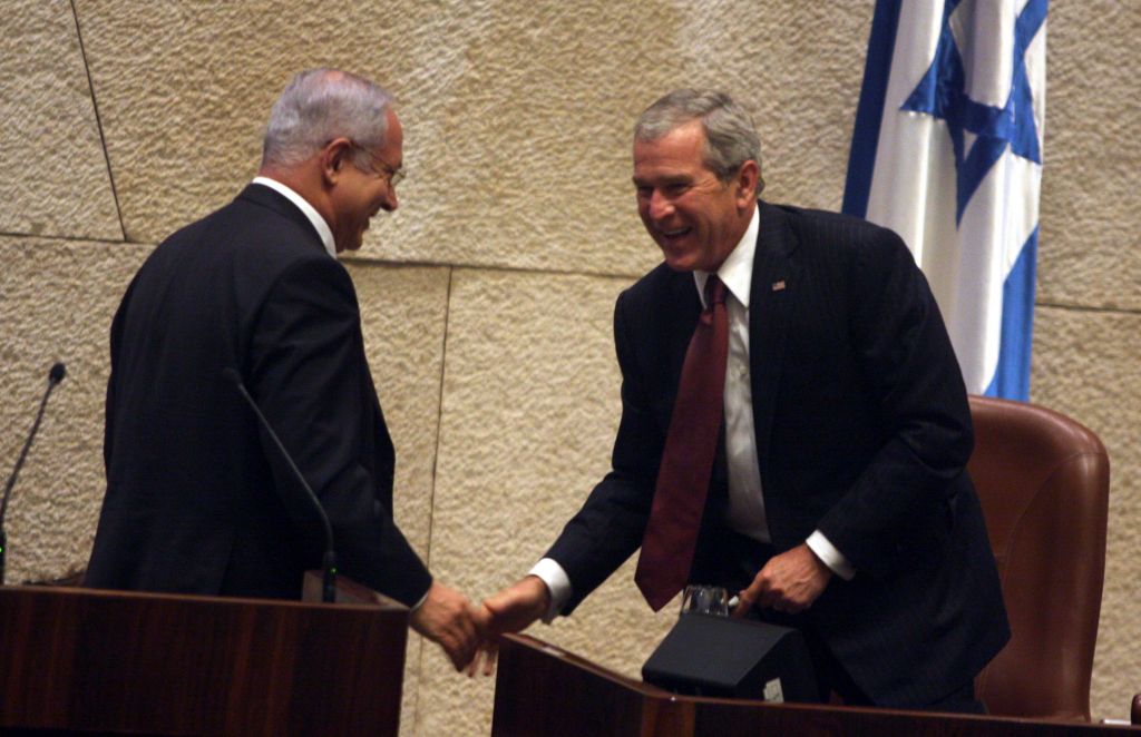 US president George W. Bush shake hands with Benjamin Netanyahu, head of the opposition, at the Knesset on May 15, 2008 in Jerusalem. Bush delivered a speech to mark the Jewish state's 60th birthday. (Photo credit: Lior Mizrahi/pool/FLASH90) US president George W. Bush shake hands with Benjamin Netanyahu, head of the opposition, at the Knesset on May 15, 2008. Bush delivered a speech to mark the Jewish state's 60th birthday. (Photo credit: Lior Mizrahi/pool/FLASH90)