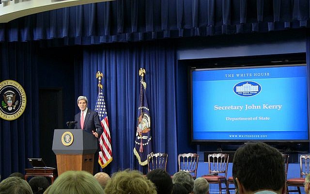 John Kerry speaking at the White House Monday. (photo credit: Aids.gov)