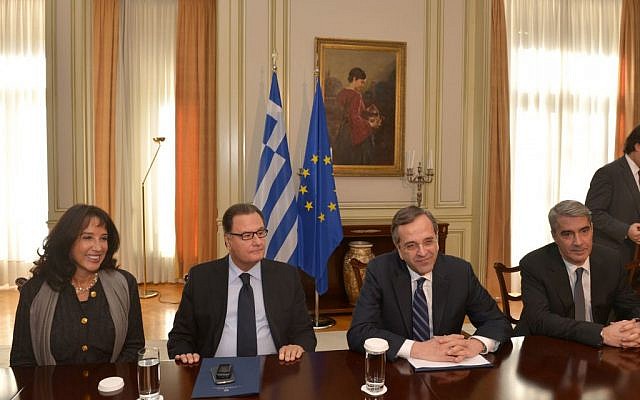 Greek Prime Minister Antonis Samaras, second from right, with European Jewish leaders, December 9, in Athens. (photo credit: Sabrina Paraskevopoulou) Greek Prime Minister Antonis Samaras, second from right, with European Jewish leaders, December 9, in Athens. (photo credit: Sabrina Paraskevopoulou)