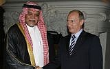 Russia's then-prime minister Vladimir Putin, right, greets the head of Saudi Arabia's National Security Council, Prince Bandar bin Sultan, in Moscow, July 14, 2008 (photo credit: AP/RIA-Novosti)