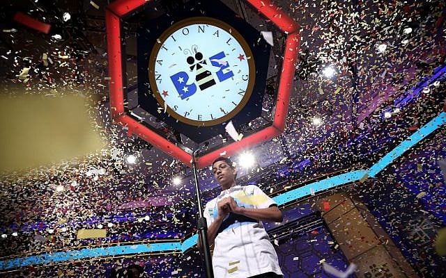 Confetti falling over Arvind Mahankali of Bayside Hills, N.Y., after he won the 2013 Scripps National Spelling Bee in National Harbor, Md., May 30, 2013. (photo credit: Alex Wong/Getty Images/JTA) Confetti falling over Arvind Mahankali of Bayside Hills, N.Y., after he won the 2013 Scripps National Spelling Bee in National Harbor, Md., May 30, 2013. (photo credit: Alex Wong/Getty Images/JTA)